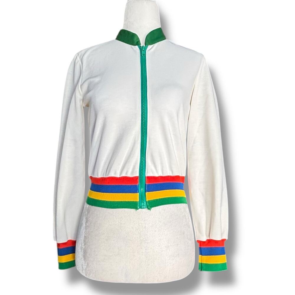 Vintage Rainbow Stripe Track Jacket Retro 70s Athletic Zip Up XS Pride Sporty